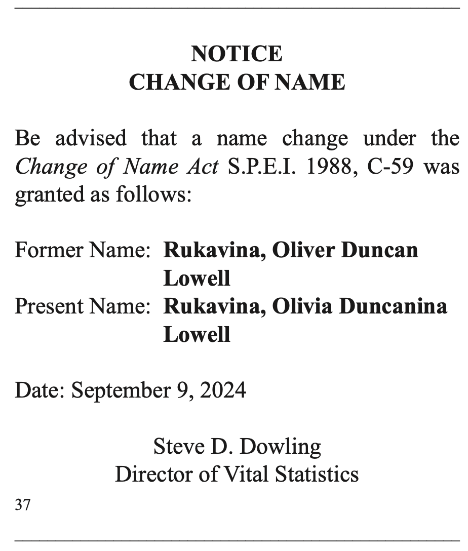 Excerpt of the Royal Gazette, showing Olivia's notice of Change of Name.