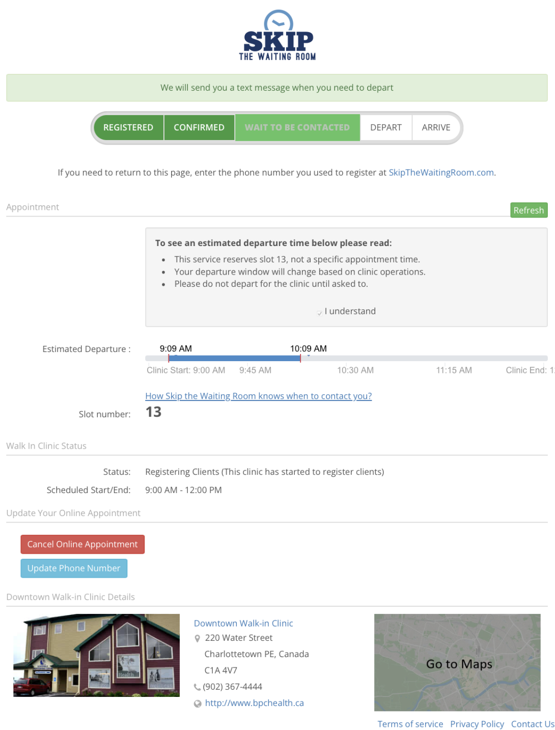 Screen shot from Skip The Waiting Room, showing the status of my booked appointment.