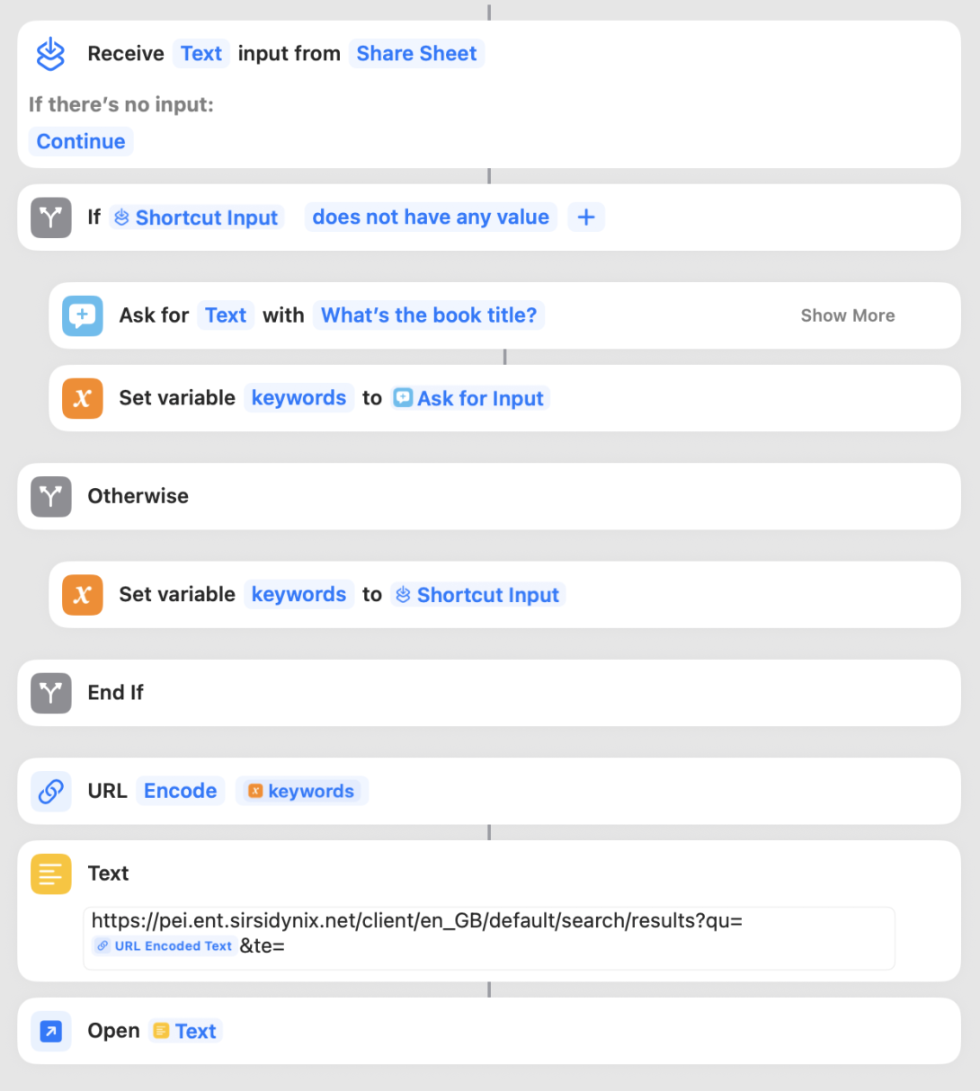 Screen shot from the macOS Shortcuts app showing the shortcut to search the PEI library catalogue.