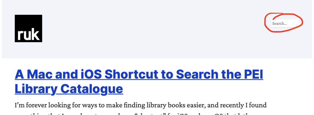 A detail from a screen shot of this blog, with a red circle around a Search field in the top right corner, in the header.