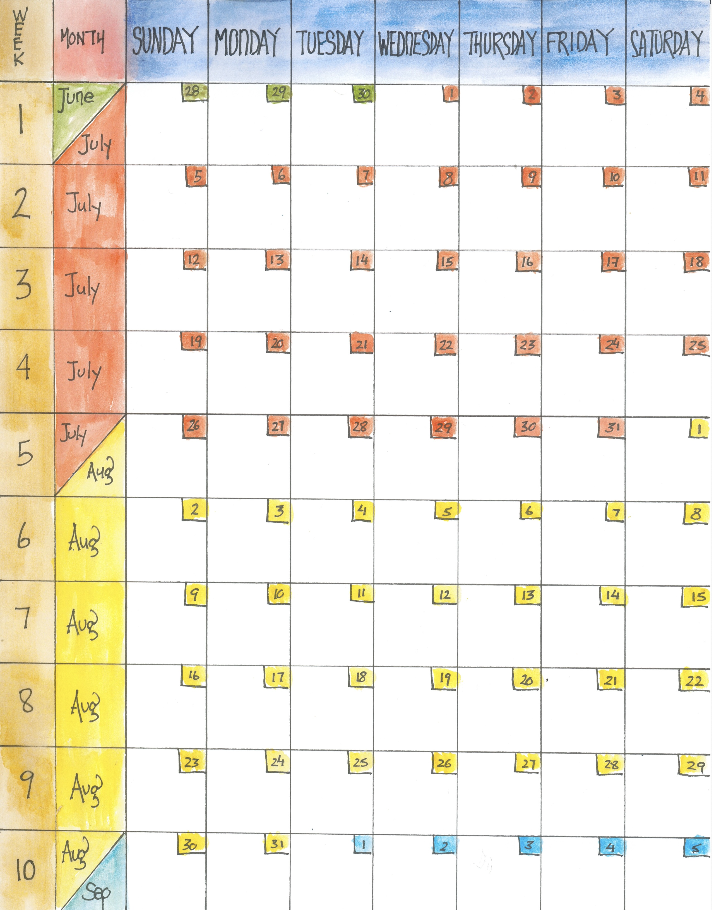 A thumbnail of a 2026 summer calendar, rendered in pen and watercolour.