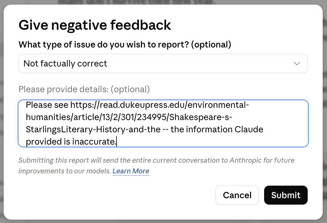 A screen shot of the "Give negative feedback" form for Claude, with the "Not factually correct" issue-type selected and the URL of the article included.