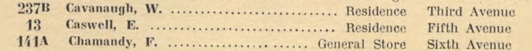 Listing from the Cochrane telephone directory, showing number 13, Caswell, E, Residence, Fifth Avenue