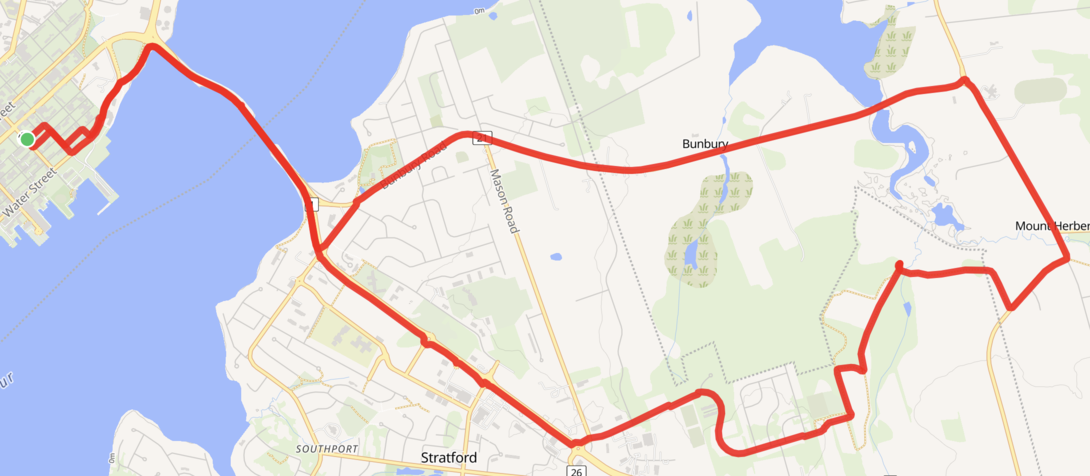 A map showing a cycle route from Charlottetown to Stratford, Mount Herbert, and back to Charlottetown through Bunbury.