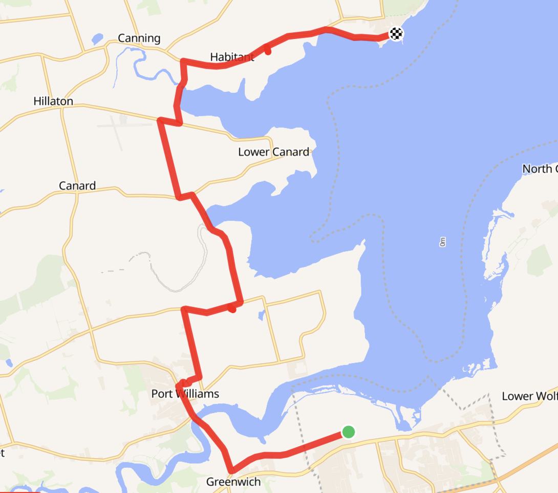 A map showing, with a red line, our route from Wolfville north through Port Williams to Kingsport.