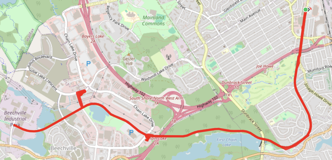 An screen shot from OpenStreetMap showing the trail route we covered.