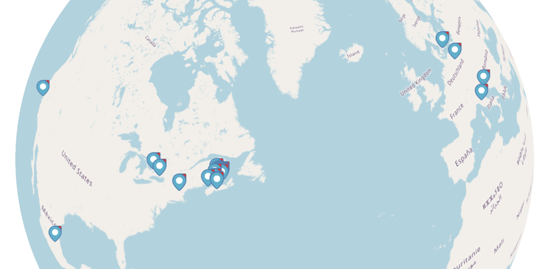 All the places on a map, at a global level, with a view of the northwestern hemisphere.