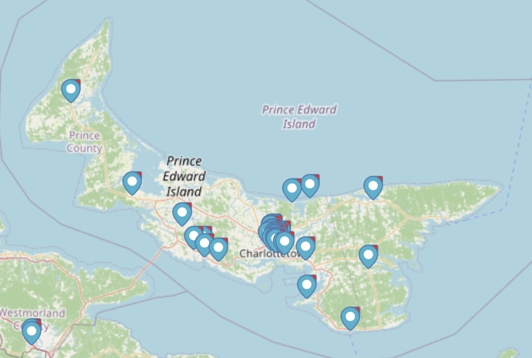 All the places on a map of PEI.