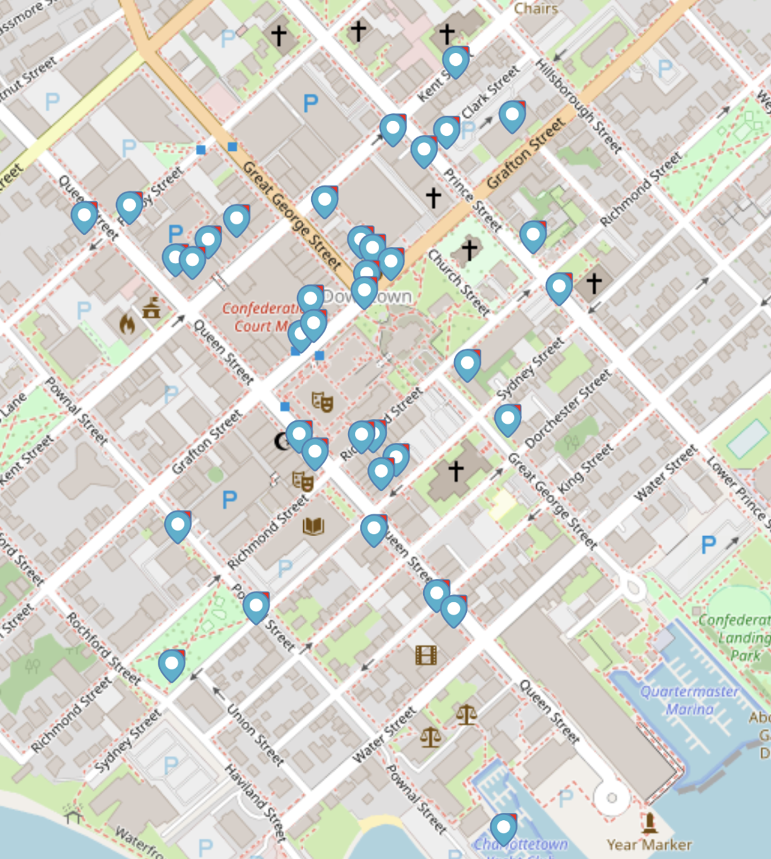 All the places on a map of downtown Charlottetown.