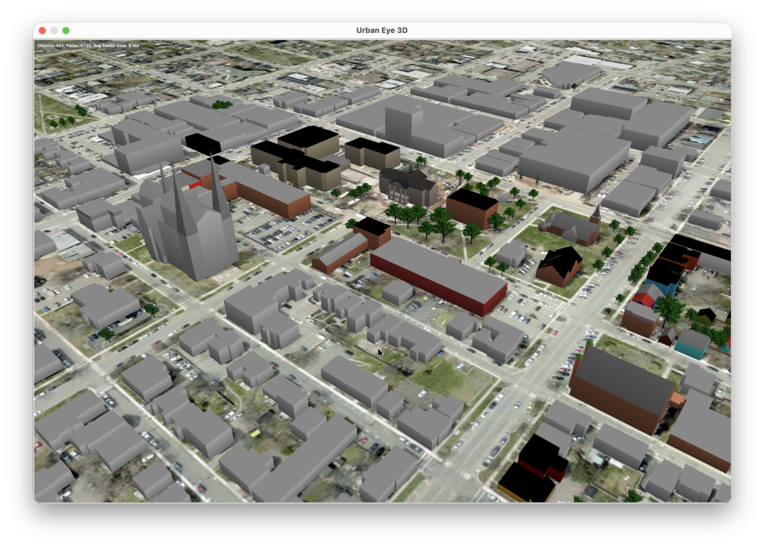 A screenshot of OpenStreetMap of Queens Square in the Urban Eye 3D viewer.