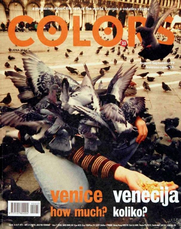 The cover of Colors issue #33, Venice. Features a person laying on a piazza overrun with birds.