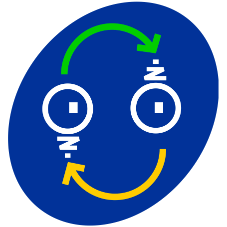 A blue oval logo, tilted to the right, with a human-like smiling face created by white abstract lightbulbs for eyes, with a yellow arrow for a "mouth" and a green arrow for "eyebrows"