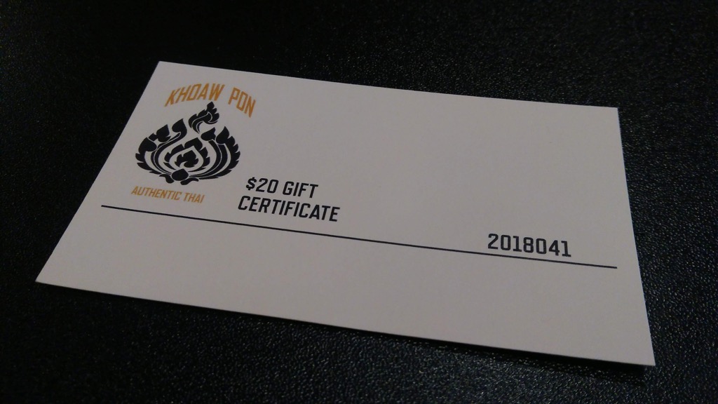 Photo of $20 gift certificate from Khoaw Pon