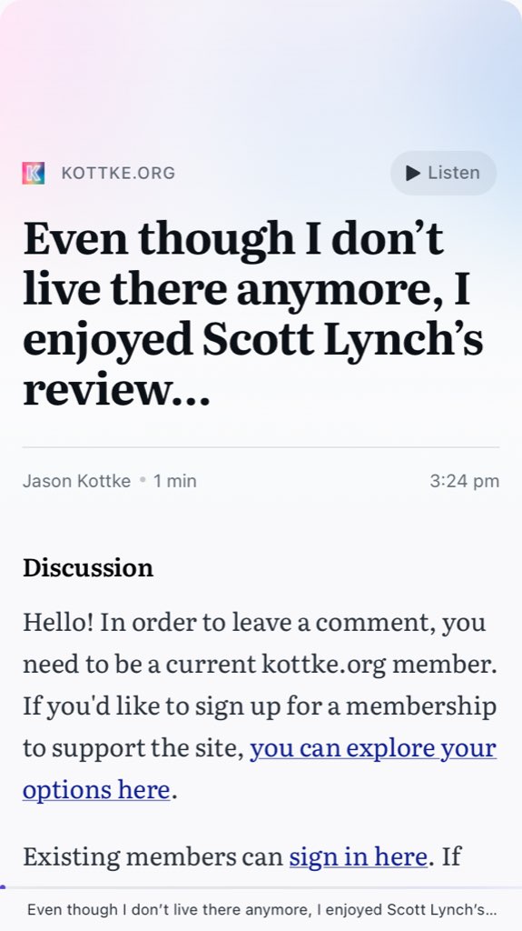 A screen shot of Reader, showing a poorly-parsed rendering of a post of Kottke.org