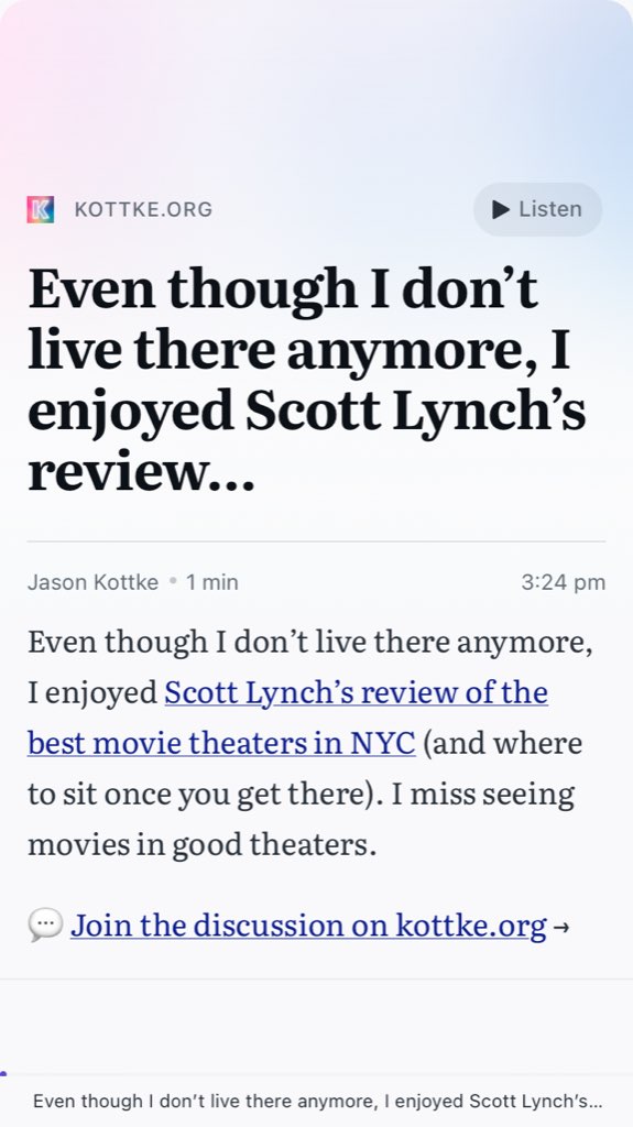 A screen shot of Reader, showing a well-parsed rendering of a post of Kottke.org