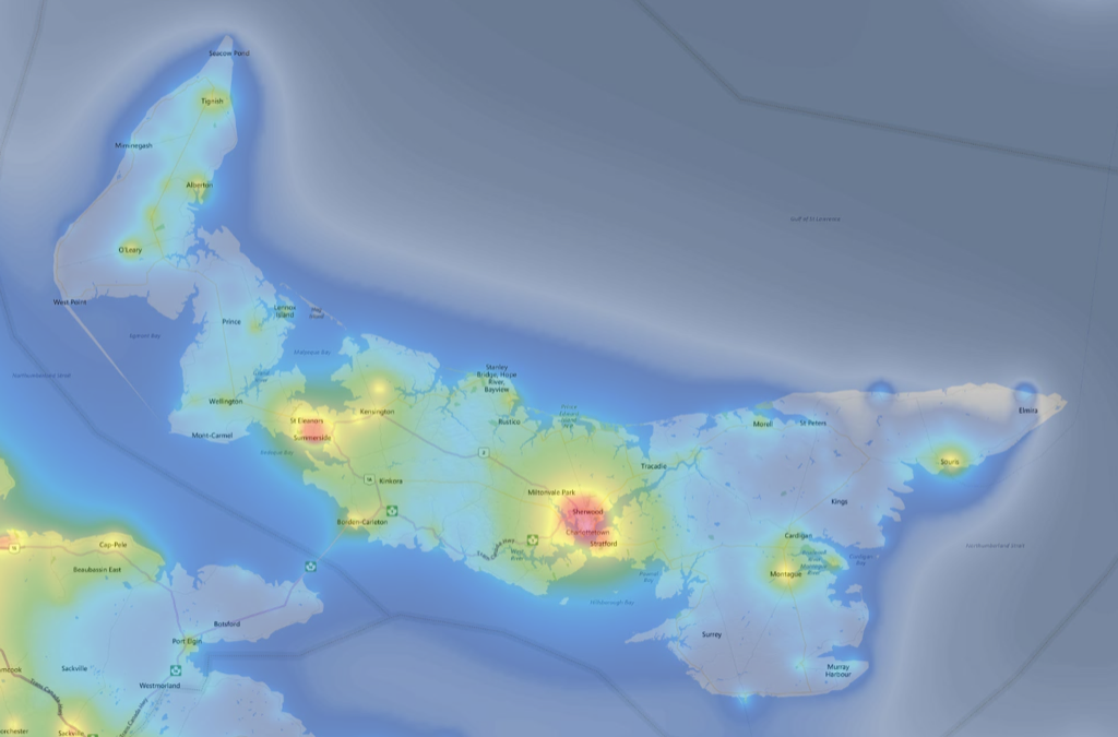 Screen shot of light pollution map showing Prince Edward Island and eastern New Brunswick