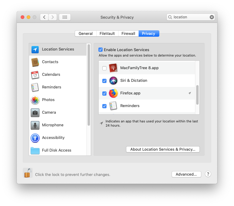 Screen shot of macOS Location Settings