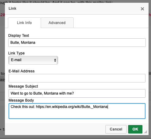 Screen shot showing how easy it is to create a mailto: link in Drupal