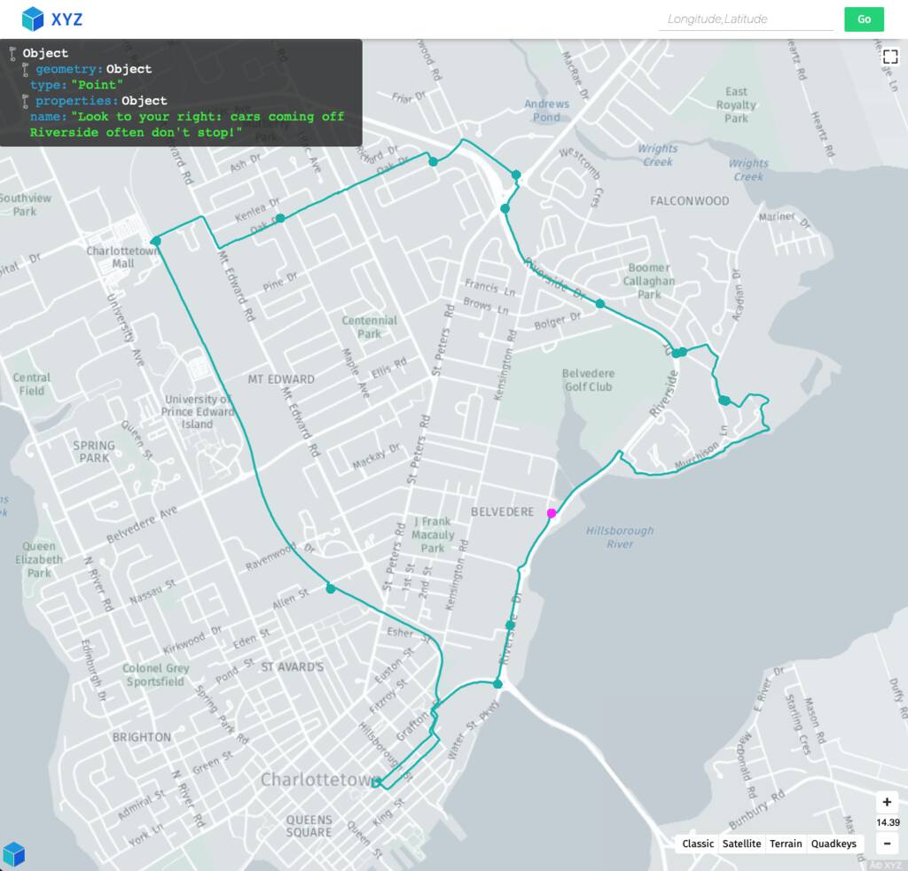 Map of my cycle ride, visualized in the HERE XYX GeoJSON Visualizer