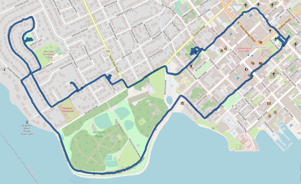 Map of downtown Charlottetown showing my cycle route from my office on Prince Street, west to Kirk of St. James, then into Brighton and back to my office via Victoria Park.