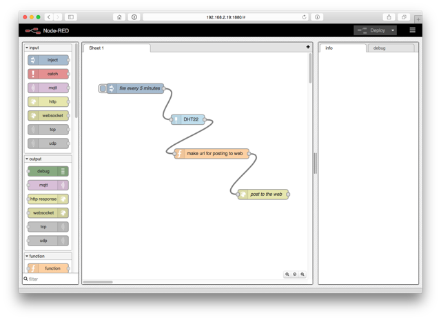 Node-RED workflow for DHT-22