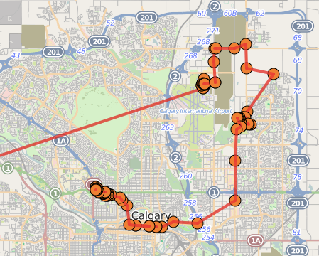 Calgary Map showing my route from the airport to my hotel