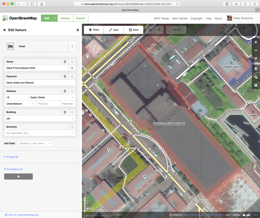 Editing the Delta Hotel in OpenStreetMap