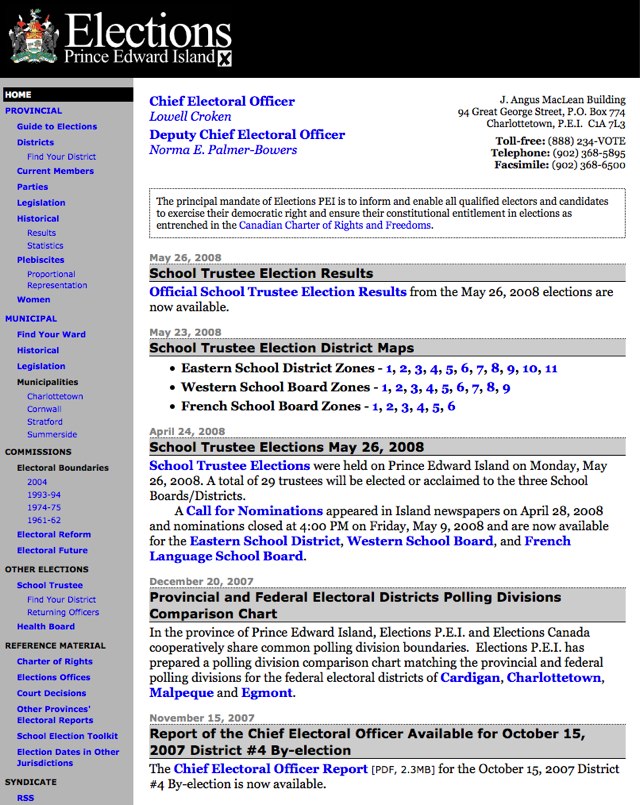 Elections PEI Website Front Page Screenshot, 2008 (from Archive.org)