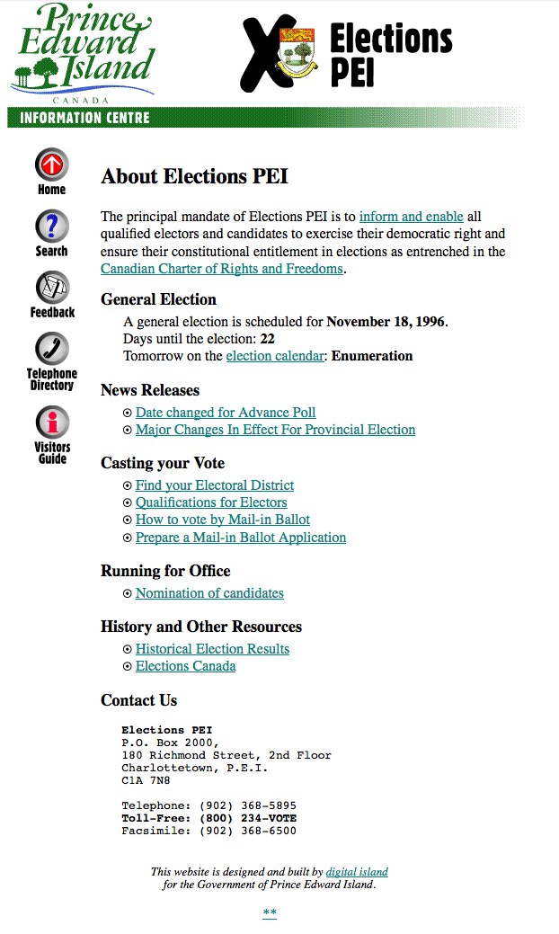 Elections PEI Website Screenshot, October 27, 1996 (from Archive.org)