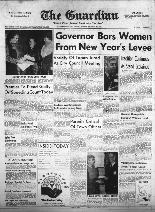 Headline of The Guardian, December 10, 1974: Governor Bars Women from New Year's Levee