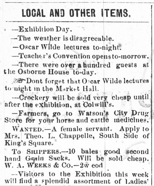 "Local and Other Items" from the Daily Patriot, Oct. 11, 1882