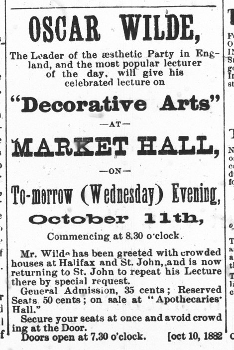 Oscar Wilde in Charlottetown - Daily Patriot Ad - Oct 11, 1882