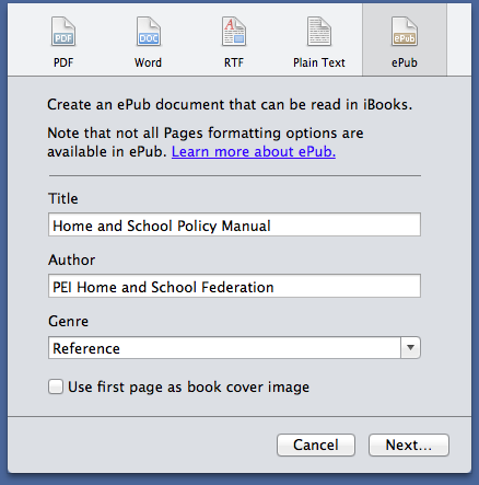 Screen shot from Mac Pages app showing ePub export