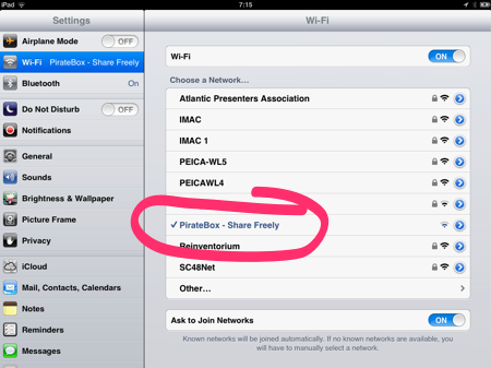 iPad Screen Shot showing PirateBox SSID