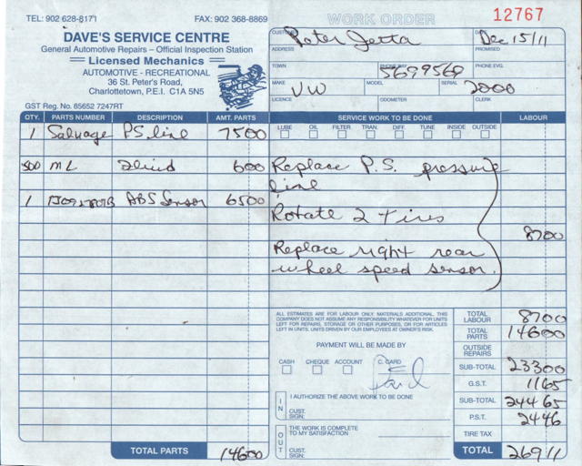 Dave's Service Centre Receipt