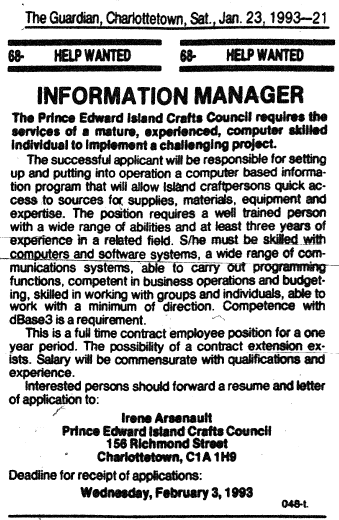 Classified Ad from The Guardian for Information Manager, January 1993