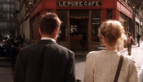 Ethan Hawke and Julie Delpy enter Le Pure Cafe in Before Sunset