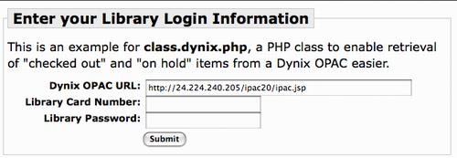 Entering OPAC URL, username and password screen shot