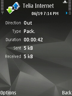 Nokia N95 pack data counter log screen shot