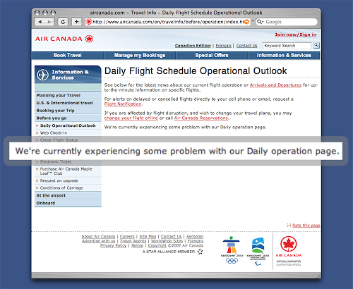 Screen Shot of Air Canada Daily Flight Schedule Operational Outlook