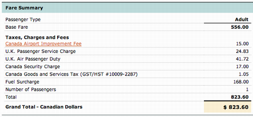 Sample Fare showing Air Canada's 30% Fuel Surcharge