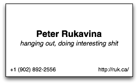 Fictional Business Card with title 'hanging around, doing interesting shit'