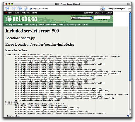 Screen Shot of CBC website showing horrible Java error