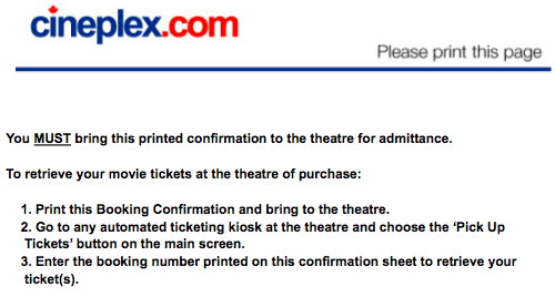 Detail from Cineplex website confirmation screen after ordering tickets