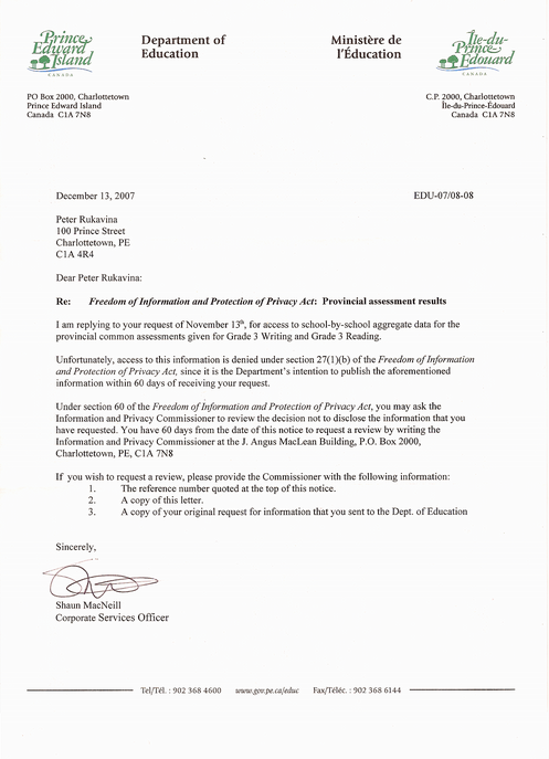 Letter in Response to my FOIPP request to the PEI Department of Education