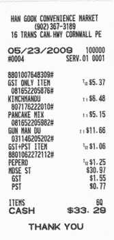 Receipt from Han Gook Convenience Market in North River