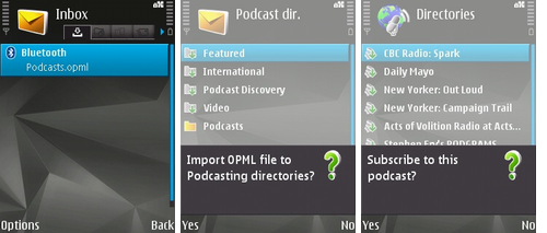 Importing an OPML file into Nokia Podcasting