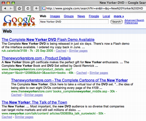 Google search screen shot for New Yorker DVD