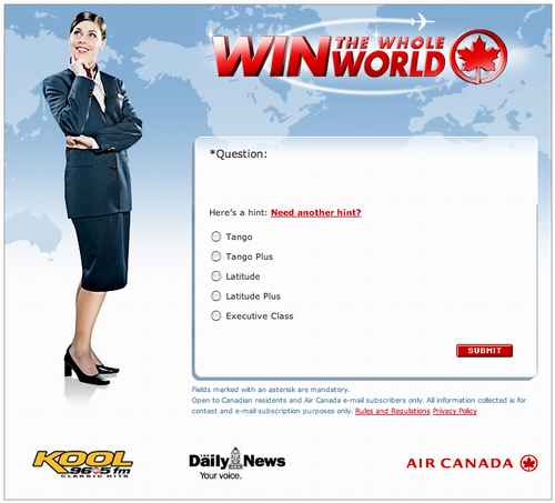 Air Canada contest screen shot