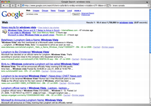 Google search for Windows Vista